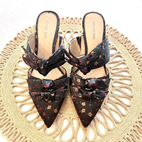 Gianni Bini Black Floral Print Twist Knot Pointed Toe Mules Size 10 - Picture 3 of 14